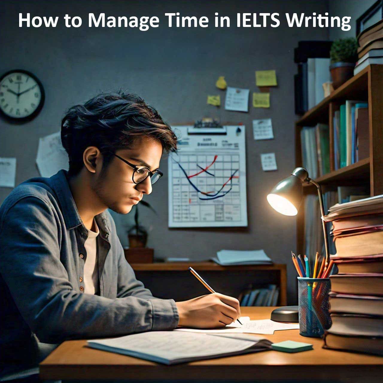 Person studying for IELTS writing with books and a clock indicating how to manage time in IELTS