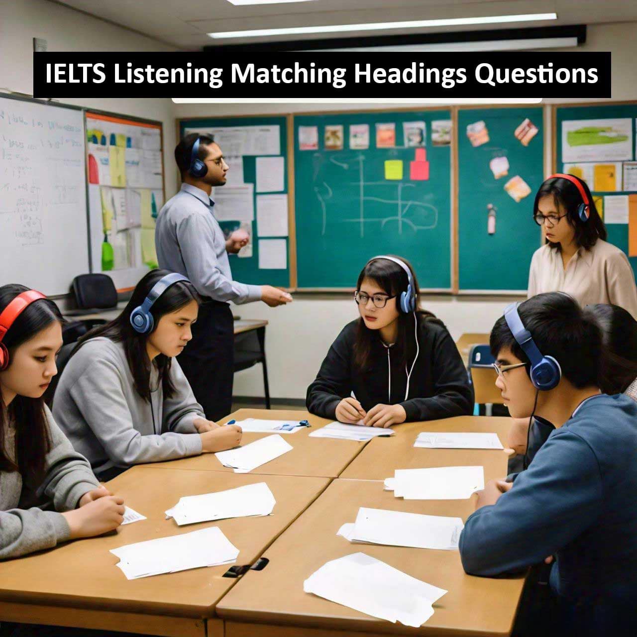 Students with headphones taking IELTS listening matching headings questions in a classroom setting.