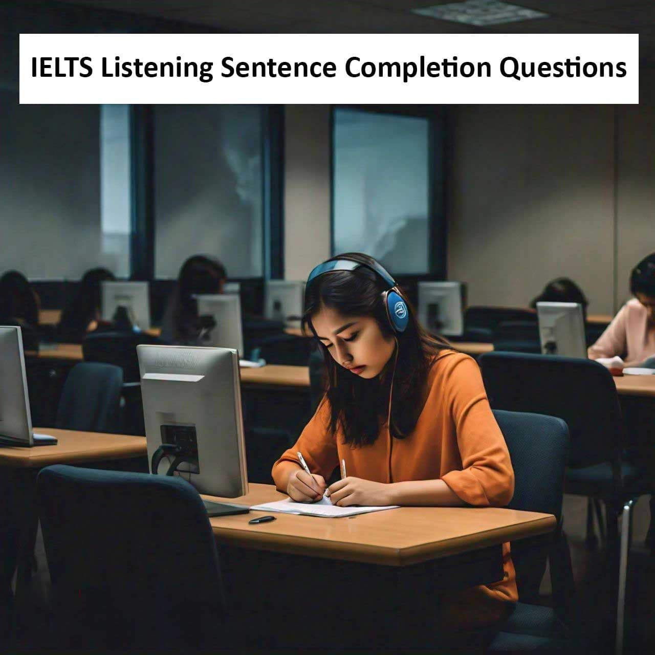 Student taking IELTS listening sentence completion test in a computer lab.