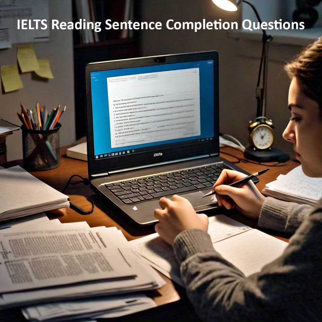 Person studying for 5 Essential Tips to Ace IELTS Reading Sentence Completion Questions with laptop and handwritten notes on desk.