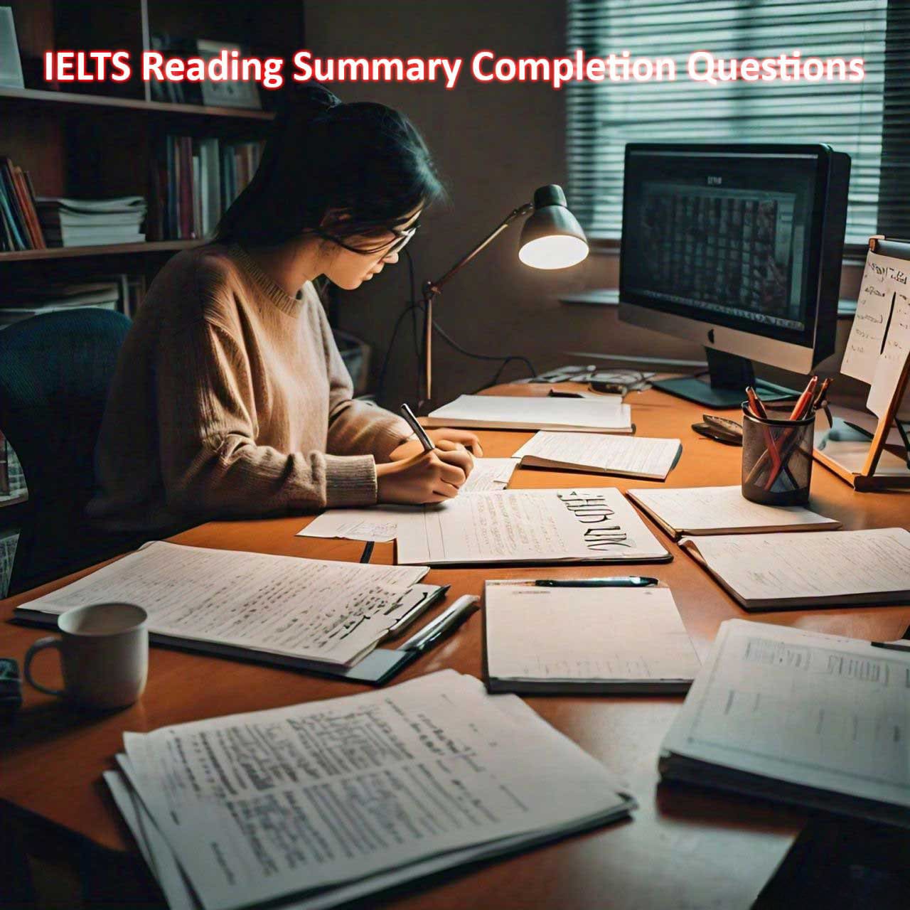 Student preparing for IELTS reading summary completion questions with study materials spread out on desk.