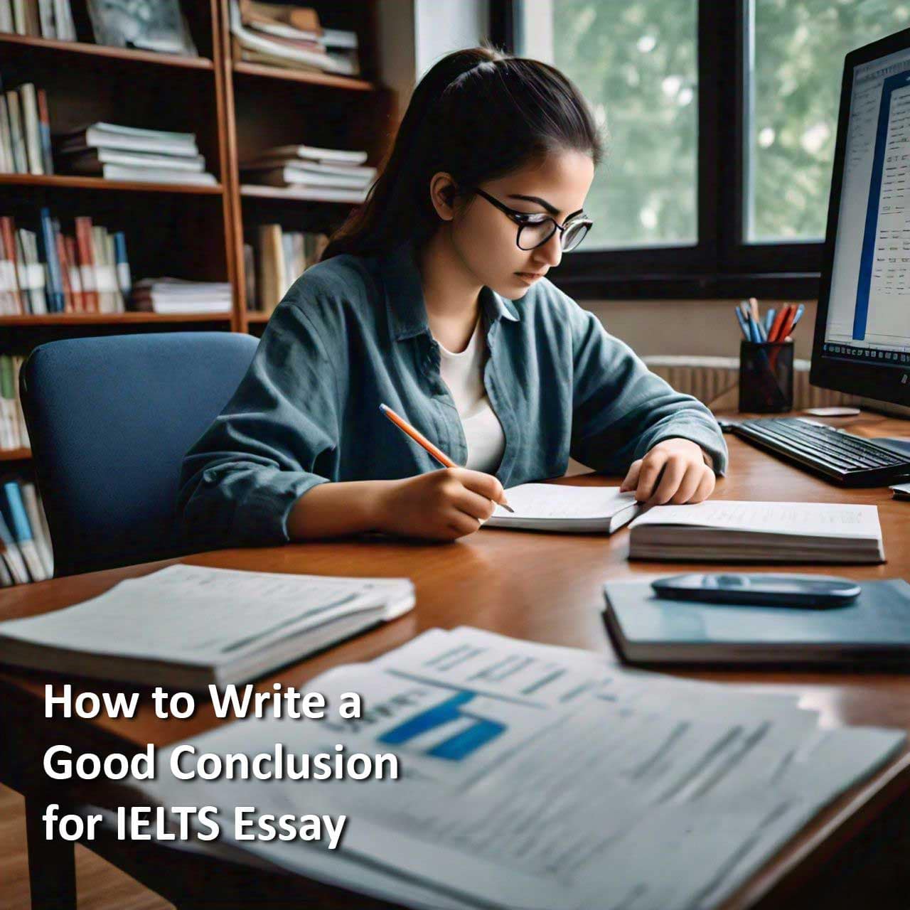 Student writing an essay at a desk with a computer and books, with 7 Powerful Tips to Master a Perfect IELTS Essay Conclusion.